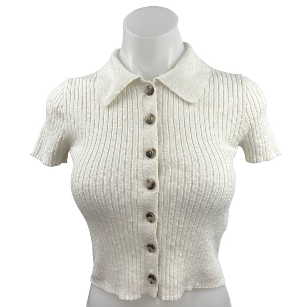 Madewell Barbrook White Collar Button-Front Stretch Cropped Sweater Polo Top XXS